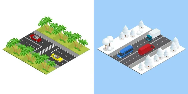 Isometric Roads with cars in summer, and road in winter. Winter Driving and road safety. The car rides on a slippery road. Cars on winter busy road. — ストックベクタ