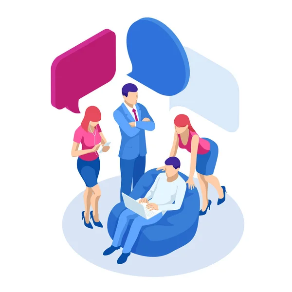 Isometric concept of discussing, chatting, conversation, dialogue. Businessmen and woman discuss social network, dialogue speech bubbles, news, social networks, chat. — 스톡 벡터