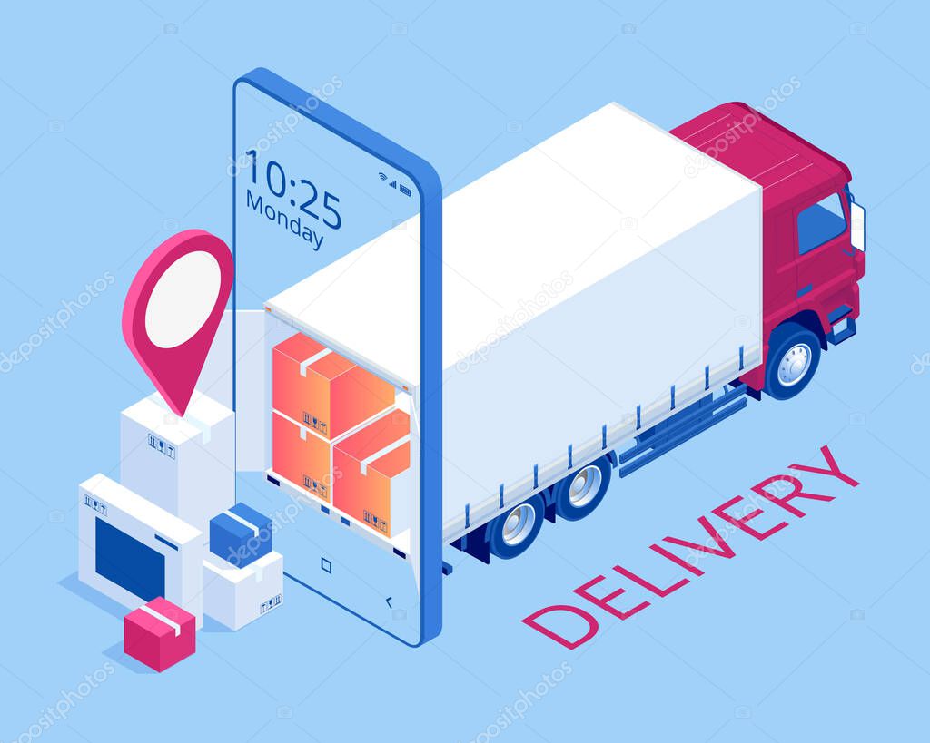 Isometric Logistics and Delivery concept. Delivery home and office. City logistics. Online delivery service, online order tracking