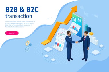Isometric Business to Business Marketing, B2b Çözümü, iş pazarlama konsepti. Çevrimiçi iş, Ortaklık ve Anlaşma