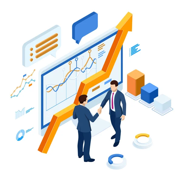 Isometrische Business to Business Marketing, B2b Oplossing, business marketing concept. Online zakendoen, partnerschap en overeenkomst — Stockvector