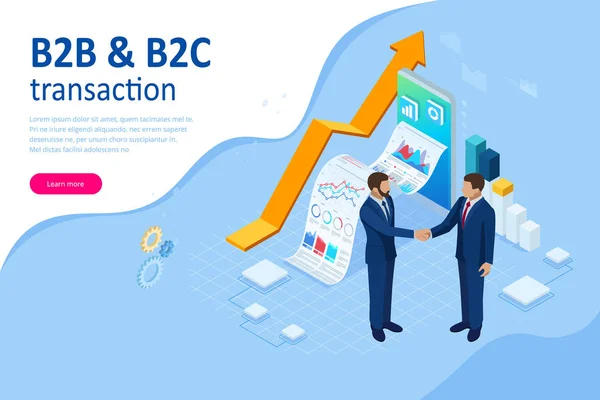 Isométrico Business to Business Marketing, Solución B2B, concepto de marketing empresarial. Negocios en línea, Asociación y Acuerdo — Vector de stock