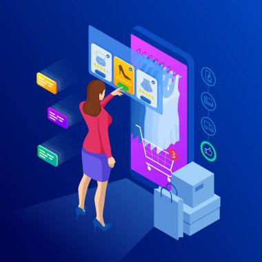 İzometrik akıllı telefon online alışveriş kavramı. Online mağaza, alışveriş sepeti simgesi. E-ticaret illüstrasyon