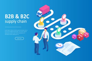 Isometric Business to Business Marketing, B2b Çözümü, iş pazarlama konsepti. Çevrimiçi iş, Ortaklık ve Anlaşma