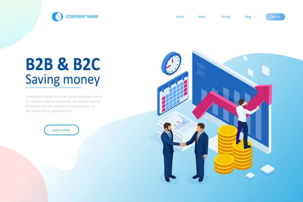 Isometric Business to Business Marketing, Rozwiązanie B2b, koncepcja marketingu biznesowego. Biznes online, Partnerstwo i Umowa — Wektor stockowy