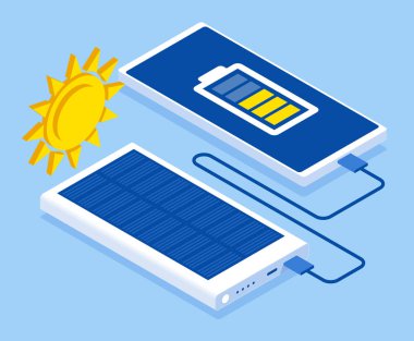 Güneş pilinden akıllı telefon şarj ediliyor. Alternatif elektrik kaynağı Isometric illüstrasyon.
