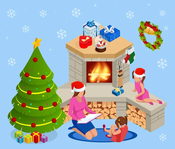 Feliz Navidad y Felices Fiestas concepto. Mamá leyendo un libro a los niños cerca del árbol de Navidad en el interior . — Vector de stock