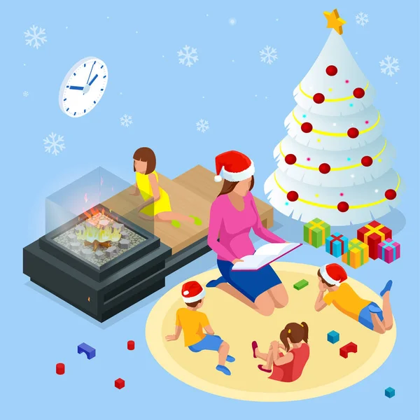 Feliz Navidad y Felices Fiestas concepto. Mamá leyendo un libro a los niños cerca del árbol de Navidad en el interior . — Vector de stock