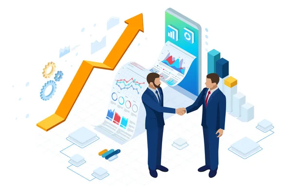 Isometrische Business to Business Marketing, B2b Oplossing, business marketing concept. Online zakendoen, partnerschap en overeenkomst — Stockvector