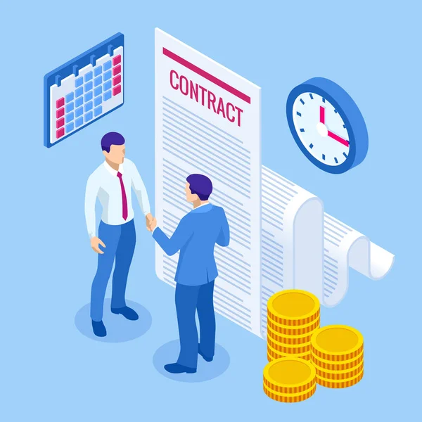 Isometric signed a contract with a stamp. Document with a signature. The form of the document. Business financial agreement or contract — Stock Vector