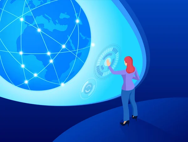 Obchodní žena kreslí globální strukturu sítí. obchodní žena pracující s virtuálním panelem. Internetová koncepce globálního podnikání — Stockový vektor