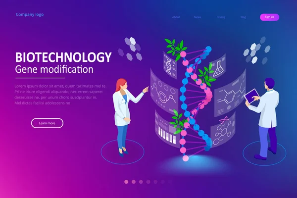 Isometrische concept van laboratorium verkennen van nieuwe methoden van plantenveredeling en landbouwgenetica. Planten die in de reageerbuizen groeien. — Stockvector