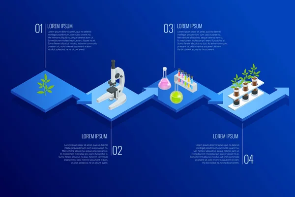 Concepto isométrico de laboratorio que explora nuevos métodos de fitomejoramiento y genética agrícola. Plantas que crecen en los tubos de ensayo . — Vector de stock