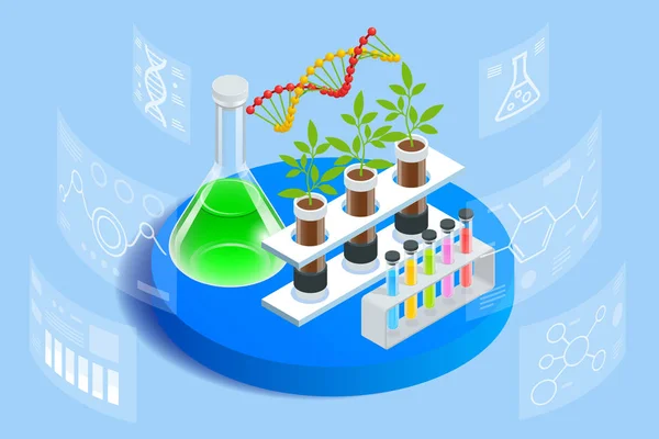 Concepto isométrico de laboratorio que explora nuevos métodos de fitomejoramiento y genética agrícola. Plantas que crecen en los tubos de ensayo . — Archivo Imágenes Vectoriales