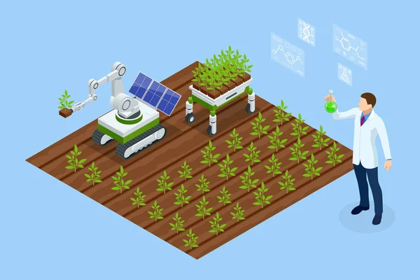 Concepto isométrico de laboratorio que explora nuevos métodos de fitomejoramiento y genética agrícola. Plantas que crecen en los tubos de ensayo . — Vector de stock