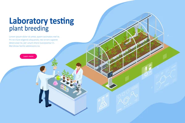 Isometric concept of laboratory exploring new methods of plant breeding and agricultural genetics. Plants growing in the test tubes. — Stock Vector