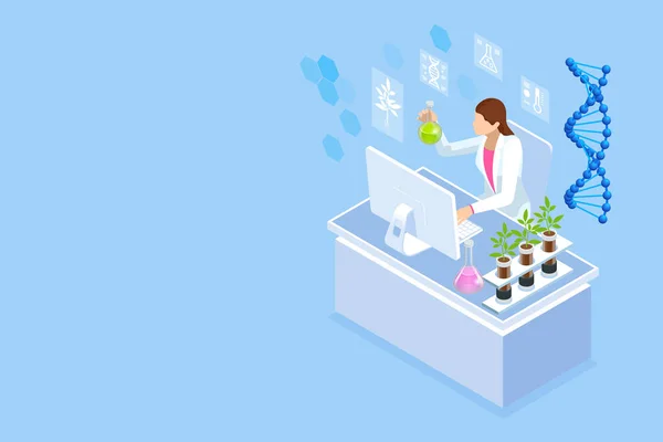 Conceito isométrico de laboratório explorando novos métodos de melhoramento vegetal e genética agrícola. Plantas que crescem nos tubos de ensaio . —  Vetores de Stock