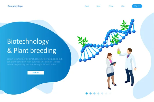 Isometric concept of laboratory exploring new methods of plant breeding and agricultural genetics. Plants growing in the test tubes. — Stock Vector