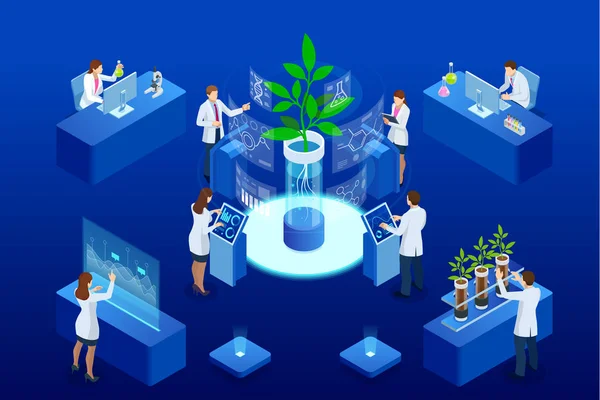 Isometric concept of laboratory exploring new methods of plant breeding and agricultural genetics. Plants growing in the test tubes. — Stock Vector