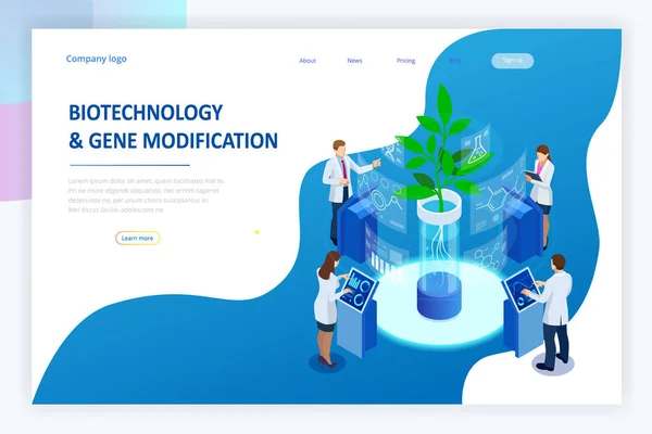 Isometric concept of laboratory exploring new methods of plant breeding and agricultural genetics. Plants growing in the test tubes. — Stock Vector