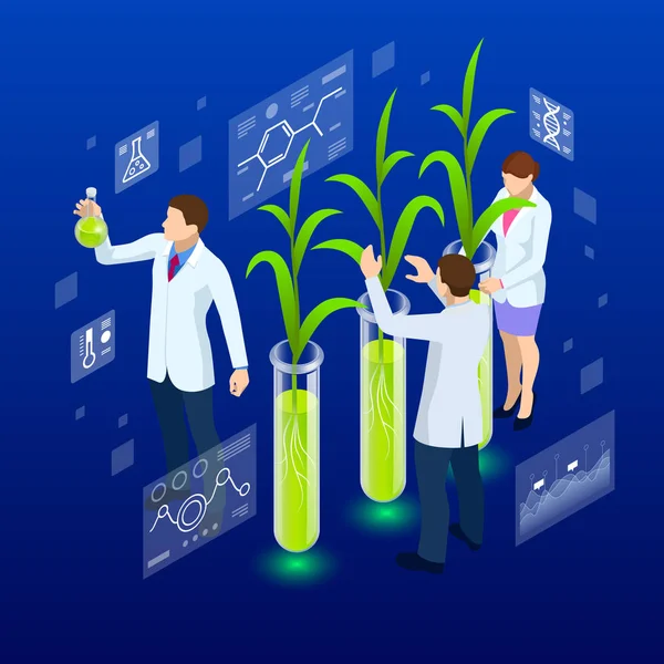 Isometric concept of laboratory exploring new methods of plant breeding and agricultural genetics. Plants growing in the test tubes. — Stock Vector