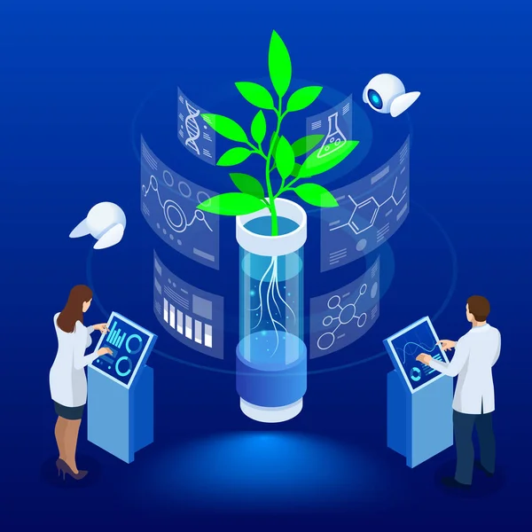 Concepto isométrico de laboratorio que explora nuevos métodos de fitomejoramiento y genética agrícola. Plantas que crecen en los tubos de ensayo . — Vector de stock