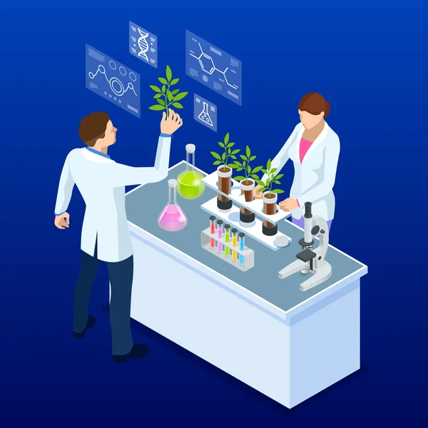 实验室的等距概念探索植物育种和农业遗传学的新方法。 试管中生长的植物. — 图库矢量图片