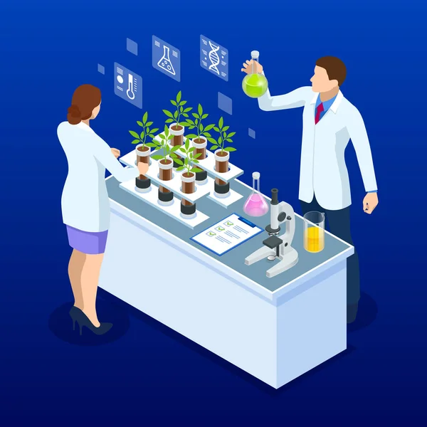 Isometric concept of laboratory exploring new methods of plant breeding and agricultural genetics. Plants growing in the test tubes. — Stock Vector