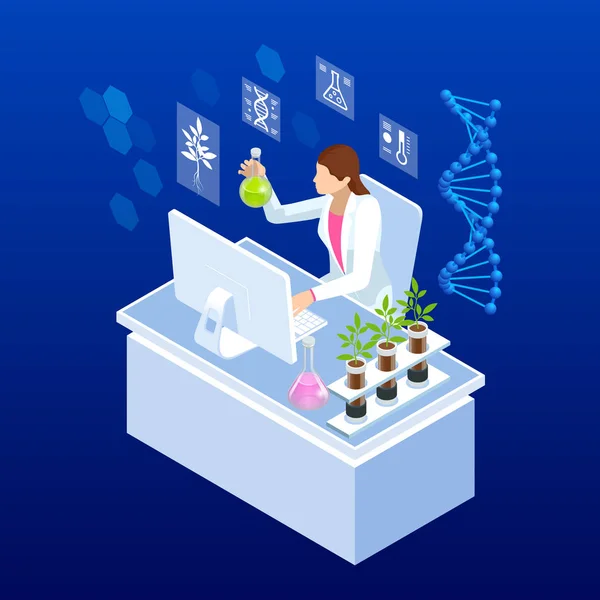 Isometriskt koncept för laboratorium som utforskar nya metoder för växtförädling och jordbruksgenetik. Växter som växer i provrören. — Stock vektor