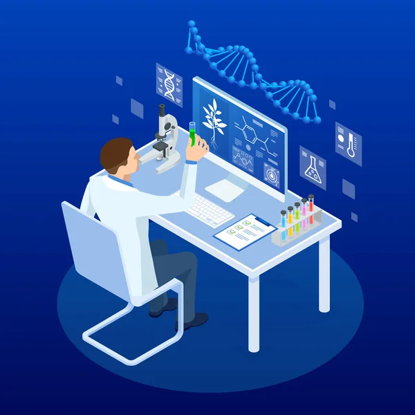 Concepto isométrico de laboratorio que explora nuevos métodos de fitomejoramiento y genética agrícola. Plantas que crecen en los tubos de ensayo . — Archivo Imágenes Vectoriales