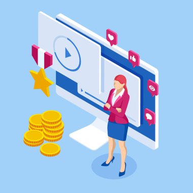Isometric en iyi video izleme, sinema itibarı, video değerlendirme konsepti. Sosyal ağdaki canlı yayın videolarına bağlanmak için modern bir dizüstü bilgisayar kullanan kadın.