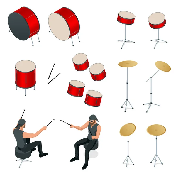 Batterista isometrico dietro il set di icone del tamburo. Base per le prove, batterista che suona la batteria isolato — Vettoriale Stock