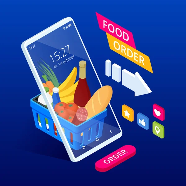 Compras isométricas supermercado on-line com seu telefone celular. Saúde entrega de alimentos serviço on-line . —  Vetores de Stock