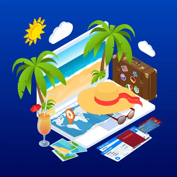 Isometric Summer Vacation concept. Online ticket booking. Internet e-commerce, travel and technology. People traveling on vacation holiday in summer season