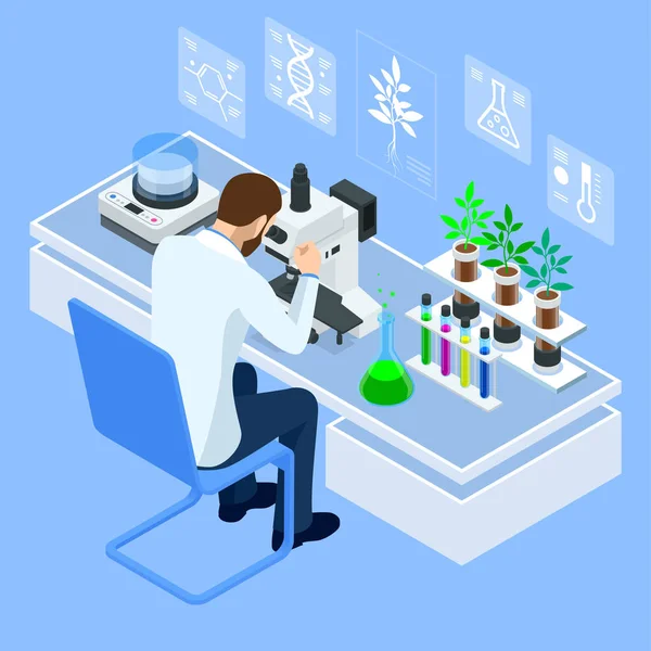 Isometric concept of laboratory exploring new methods of plant breeding and agricultural genetics. Plants growing in the test tubes. Organic food ,agriculture and hydroponic — Stock vektor