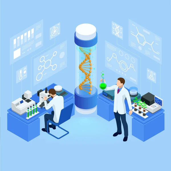 Concepto isométrico de laboratorio que explora nuevos métodos de fitomejoramiento y genética agrícola. Plantas que crecen en los tubos de ensayo. Alimentación ecológica, agricultura e hidropónica — Archivo Imágenes Vectoriales