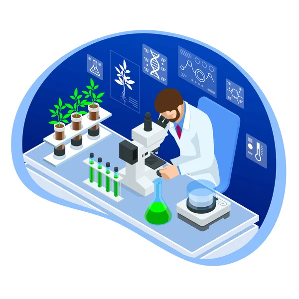 Isometrische concept van laboratorium verkennen van nieuwe methoden van plantenveredeling en landbouwgenetica. Planten groeien in de reageerbuizen. Biologisch voedsel, landbouw en hydrocultuur — Stockvector