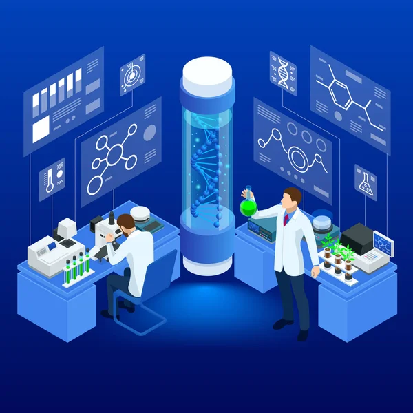 Isometrische concept van laboratorium verkennen van nieuwe methoden van plantenveredeling en landbouwgenetica. Planten groeien in de reageerbuizen. Biologisch voedsel, landbouw en hydrocultuur — Stockvector