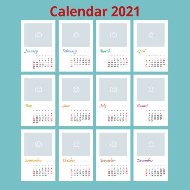 2021 Takvim, Fotoğraf, Logonuz ve Metinleriniz İçin Yer Yazdırma Şablonu. Hafta Pazar başlıyor. Portre Oryantasyonu. 12 aylık set. 2021 Yıllık Planlayıcı.