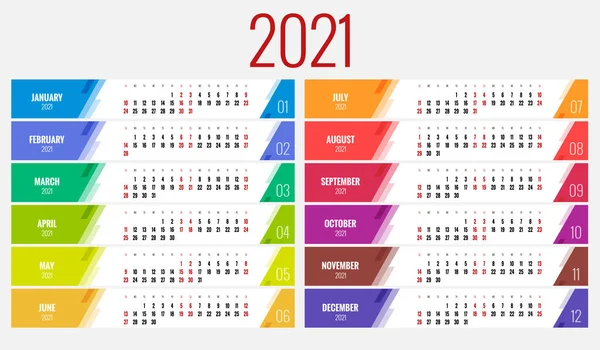 2021 Календар, Друкувати шаблон з місцем для фотографії, вашого логотипу та тексту. Тиждень починається неділя. Портретна орієнтація. Набір 12 місяців. Планувальник на 2021 рік . — стоковий вектор