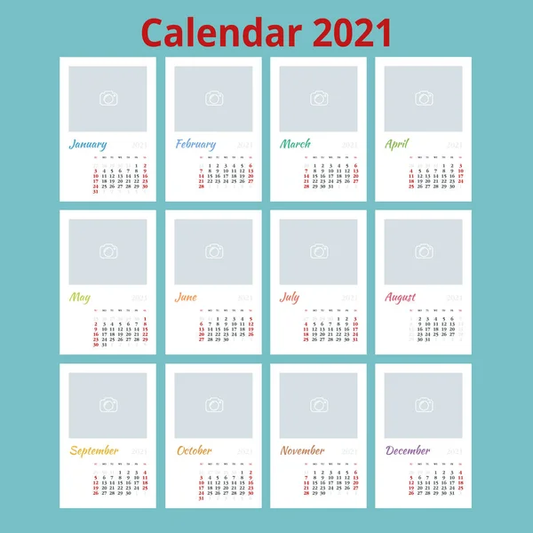 2021 Calendario, Plantilla de impresión con lugar para la foto, su logotipo y texto. La semana empieza el domingo. Orientación al retrato. Conjunto de 12 meses. Planificador para 2021 Año . — Vector de stock