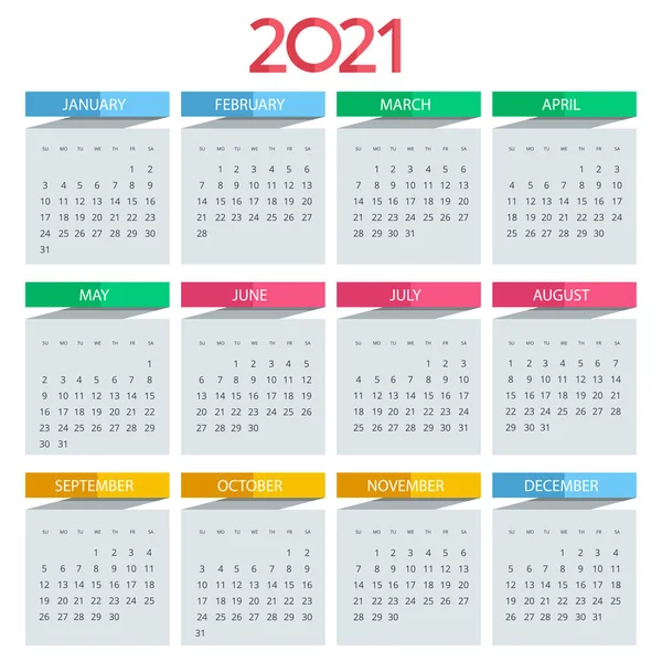 2021 Kalendarz, szablon wydruku z miejscem na zdjęcie, Twoje logo i tekst. Tydzień zaczyna się w niedzielę. Orientacja portretowa. Zestaw 12 miesięcy. Planer na rok 2021. — Wektor stockowy