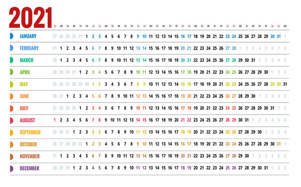 2021 Calendar, Print Template with Place for Photo, Your Logo and Text. Week Starts Sunday. Portrait Orientation. Set of 12 Months. Planner for 2021 Year.