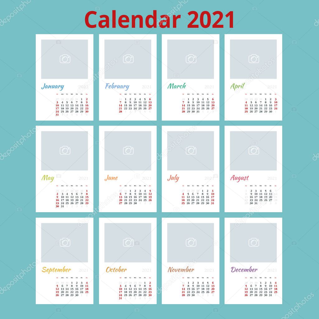 2021 Calendar, Print Template with Place for Photo, Your Logo and Text. Week Starts Sunday. Portrait Orientation. Set of 12 Months. Planner for 2021 Year.