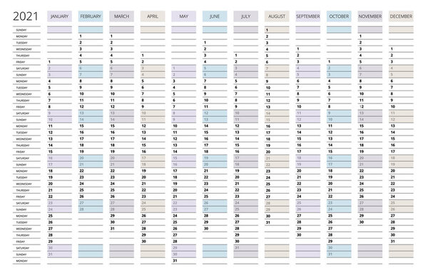 2021 Calendar, Business planner. Print Template with Place for Photo, Your Logo and Text. Week Starts Sunday. Portrait Orientation. Set of 12 Months. Planner for 2021 Year.