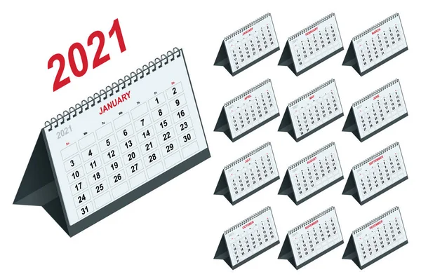 2021 Calendar, Print Template with Place for Photo, Your Logo and Text. Week Starts Sunday. Portrait Orientation. Set of 12 Months. Planner for 2021 Year. — Stock Vector