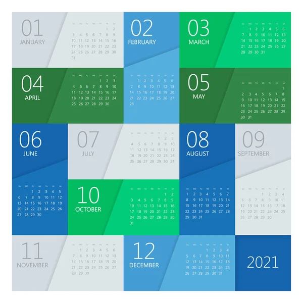 2021 Calendario, Plantilla de impresión con lugar para la foto, su logotipo y texto. La semana empieza el domingo. Orientación al retrato. Conjunto de 12 meses. Planificador para 2021 Año . — Vector de stock