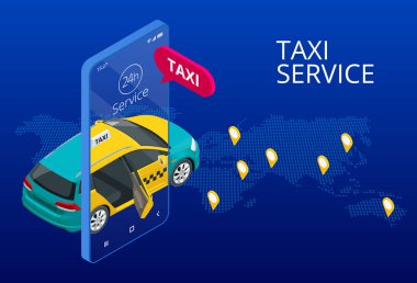 Taksi durağı. Şehir arka planında taksi uygulaması olan cep telefonu. Çevrimiçi mobil taksi sipariş uygulaması. Isome taksi sarı taksi ve GPS güzergahı akıllı telefon ve dokunmatik ekran iğneleri