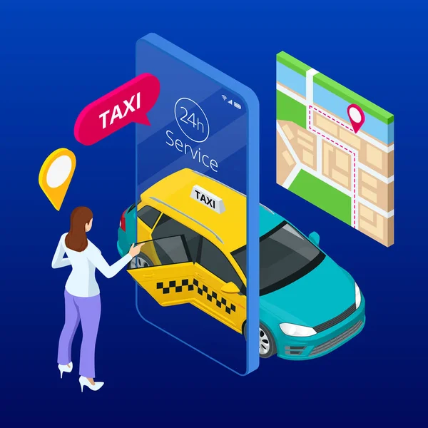 Taxidienst. Handy mit Taxi-App auf Stadthintergrund. App zur mobilen Bestellung von Taxis. isometrisches Taxi, gelbes Führerhaus und GPS-Routenpunkte auf Smartphone und Touchscreen — Stockvektor