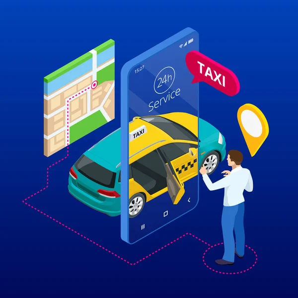 Taxitjänst. Mobiltelefon med taxiapp på city bakgrund. Online mobil taxibeställning tjänst app. Isometrisk taxi gul hytt och Gps rutt punktstift på smartphone och pekskärm — Stock vektor